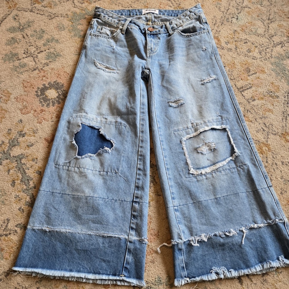 One Teaspoon Jeans W27 L24 Blue Mrs James Culottes Cropped Patchwork Thrashed